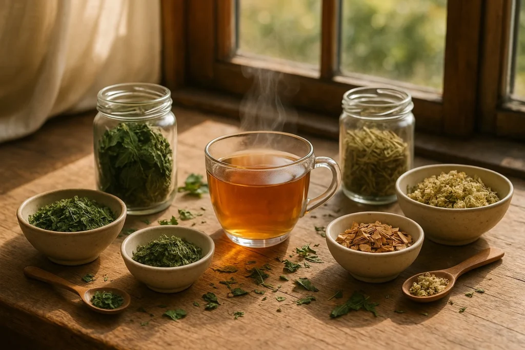 Herbal tea with Ground Elder, Nettle Leaf, Horsetail, Willow Bark, and Meadowsweet for supporting flexible joints