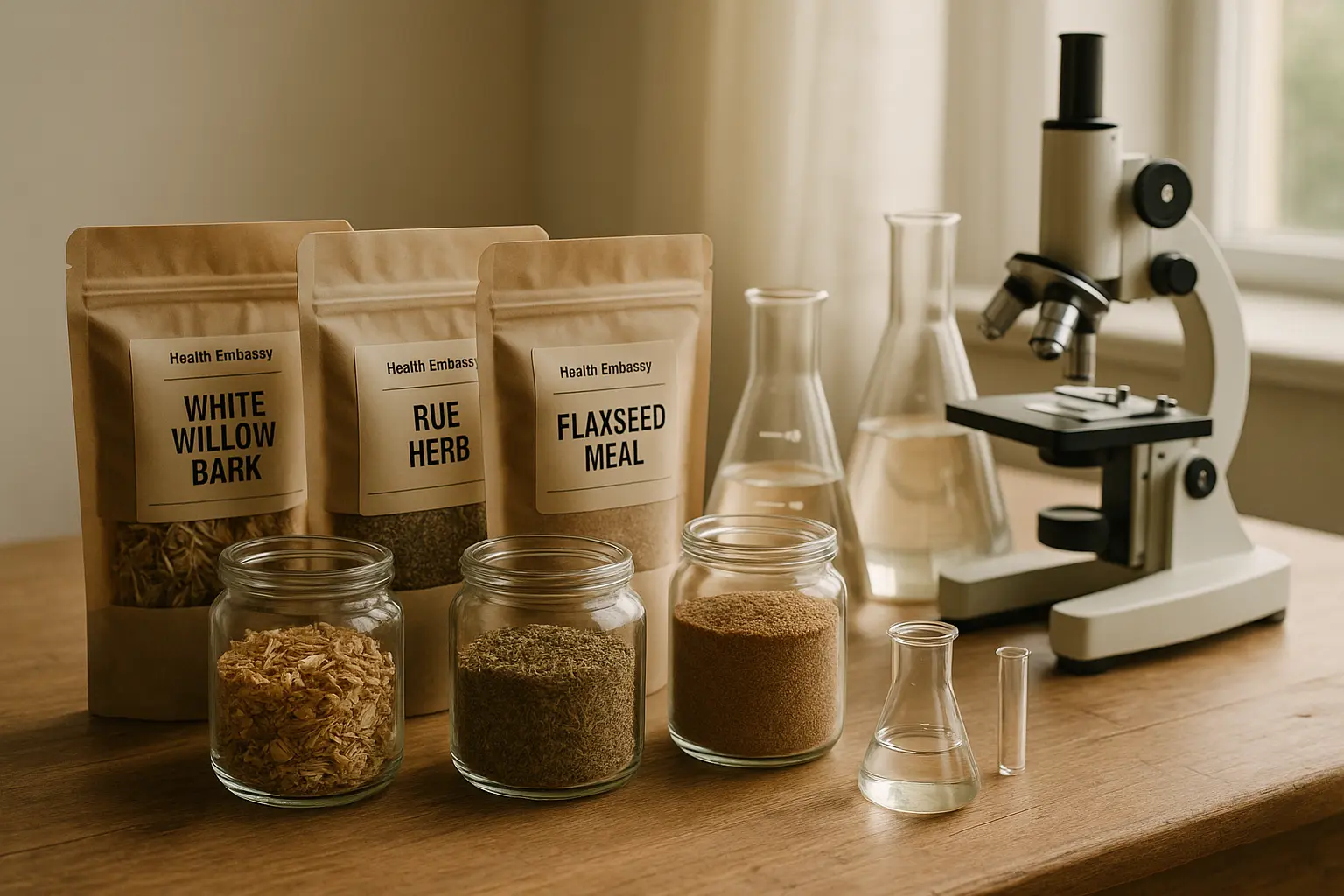 Laboratory bench with labeled brown kraft bags of dried Health Embassy herbs including rue, flaxseed meal, white willow bark, and Lycopodium, alongside glassware