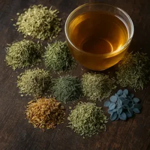 Assorted loose cut dried herbs such as rue, lady’s mantle, horsetail, bedstraw, and borage surrounding a glass cup of herbal tea on rustic dark wood – Health Embassy.