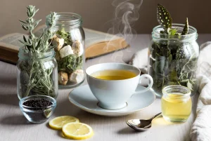 Traditional European herbs for respiratory including Mugwort, Marshmallow, Lungwort, and Nigella Sativa arranged on a rustic wooden kitchen table with a steaming cup of tea, featured by Health Embassy.