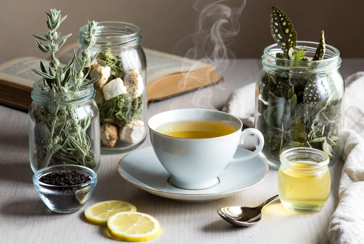 Traditional European herbs for respiratory including Mugwort, Marshmallow, Lungwort, and Nigella Sativa arranged on a rustic wooden kitchen table with a steaming cup of tea, featured by Health Embassy.