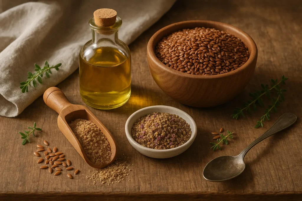 Brown Flaxseeds, Flaxseed Meal, Flaxseed Oil, and Flaxseed Milk Thistle Meal on a wooden kitchen table,