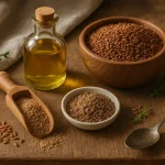 Brown Flaxseeds, Flaxseed Meal, Flaxseed Oil, and Flaxseed Milk Thistle Meal on a wooden kitchen table,