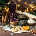 Christmas baking ingredients from Health Embassy displayed in a festive kitchen setting with herbs, spices, and dried orange slices.