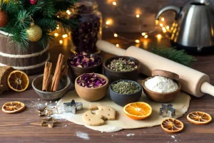 Christmas baking ingredients from Health Embassy displayed in a festive kitchen setting with herbs, spices, and dried orange slices.