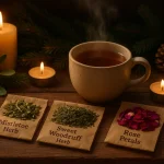 December herbal traditions featuring Mistletoe Herb, Sweet Woodruff Herb, and Rose Petals by Health Embassy on a wooden table with festive decorations.