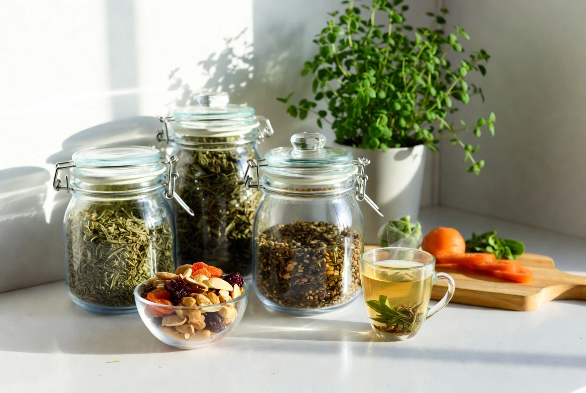 Clean white kitchen with dried herbs, loose-leaf teas, seeds, and healthy food arranged for a post-Christmas herbal reset with Health Embassy.