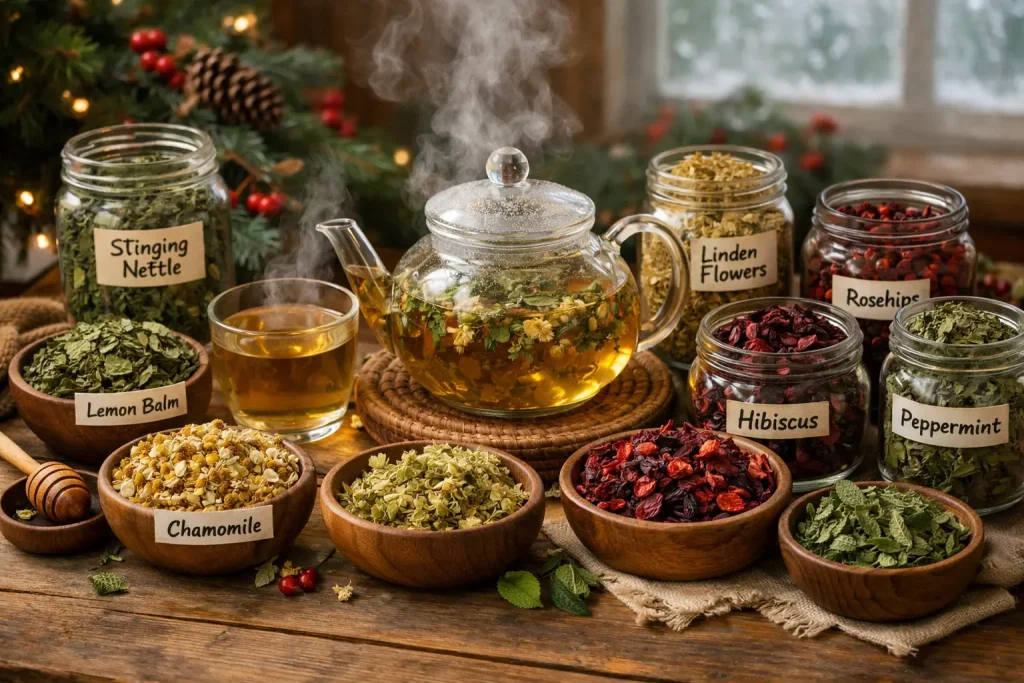 Assortment of Health Embassy dried herbs for winter herbal hydration, including Stinging Nettle, Lemon Balm, Chamomile, Linden Flowers, Hibiscus, Rosehip, and Peppermint, arranged in jars and bowls with a steaming teapot on a wooden table.