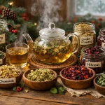Assortment of Health Embassy dried herbs for winter herbal hydration, including Stinging Nettle, Lemon Balm, Chamomile, Linden Flowers, Hibiscus, Rosehip, and Peppermint, arranged in jars and bowls with a steaming teapot on a wooden table.