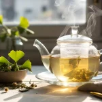 Ginkgo Biloba Tea by Health Embassy in a clear glass cup with loose dried Ginkgo leaves on a wooden surface, natural daylight and herbal accents