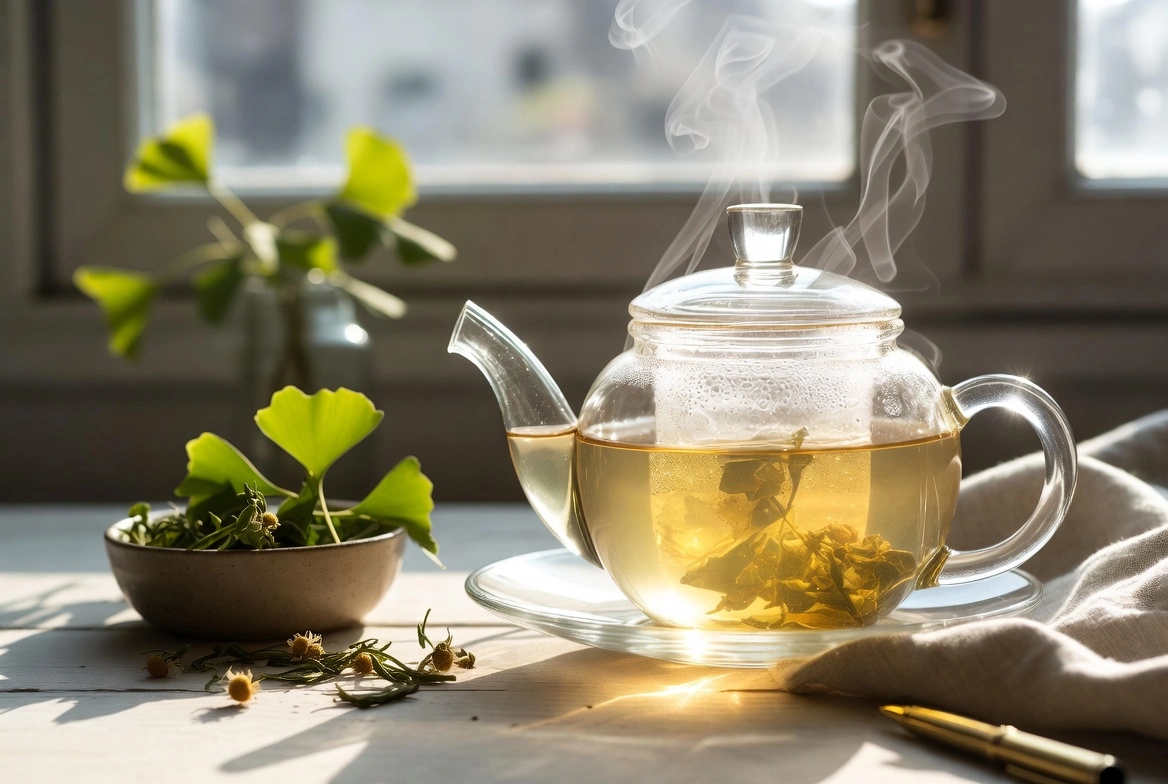 Ginkgo Biloba Tea by Health Embassy in a clear glass cup with loose dried Ginkgo leaves on a wooden surface, natural daylight and herbal accents