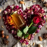 Valentine’s Day herbal magic with lovage leaves, damiana, muira puama root, and catuaba bark arranged on a rustic table by Health Embassy