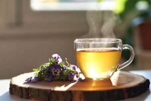 Herbal tea for skin -steaming cup of Wild Pansy Herb by Health Embassy with loose dried herb on a wooden surface, soft green and beige blurred background.