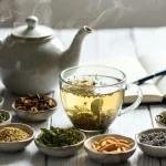 Steaming cup of Mood Lifting Herbal Tea on a wooden table, surrounded by bowls of dried herbs including chamomile, lemon balm, peppermint, lavender, and rhodiola, with a teapot and notebook nearby.