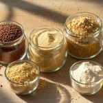 Flaxseed products from Health Embassy: whole flaxseeds, flaxseed meal, flax & milk thistle meal, flaxseed baking flour, and cold-pressed oil arranged on a rustic surface.