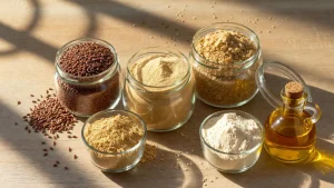 Flaxseed products from Health Embassy: whole flaxseeds, flaxseed meal, flax & milk thistle meal, flaxseed baking flour, and cold-pressed oil arranged on a rustic surface.