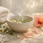 Flat lay of dried herbs, flower petals, and a steaming ceramic bowl for gentle herbal anti-aging skincare rituals by Health Embassy.