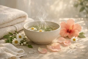 Flat lay of dried herbs, flower petals, and a steaming ceramic bowl for gentle herbal anti-aging skincare rituals by Health Embassy.