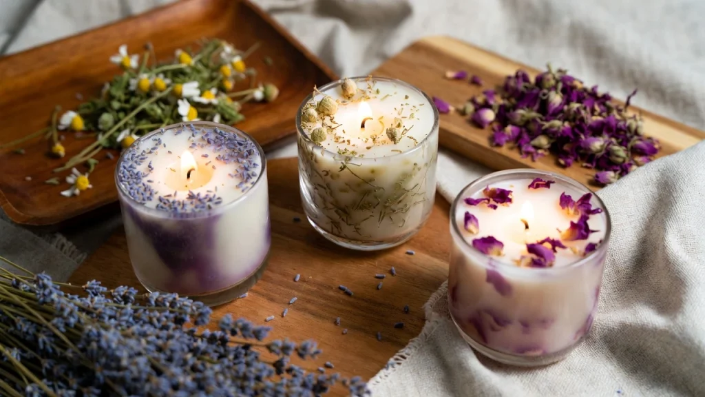 Three natural herbal candles with lavender, chamomile, and rose petals on a wooden surface, glowing softly – Health Embassy herbal candles.
