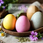 Create a high-resolution, realistic, spring-themed blog cover image about Herbal Egg Dyes. Show Easter eggs dyed in soft pastels and earthy tones using herbs like chamomile (yellow), hibiscus (pink/red), nettle leaf (green), barley grass (muted green), oak bark (brown), mallow flower (lavender/pink), and nigella sativa (speckled gray). Arrange the eggs in a rustic wooden basket or on a linen cloth, surrounded by fresh and dried herbs and flowers to highlight the natural ingredients. Use soft, natural lighting to create a warm, inviting atmosphere. Focus on eggs and herbal elements, making the image realistic, artistic, and Instagram-worthy. Do not include any text on the image.