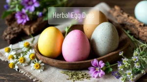 Create a high-resolution, realistic, spring-themed blog cover image about Herbal Egg Dyes. Show Easter eggs dyed in soft pastels and earthy tones using herbs like chamomile (yellow), hibiscus (pink/red), nettle leaf (green), barley grass (muted green), oak bark (brown), mallow flower (lavender/pink), and nigella sativa (speckled gray). Arrange the eggs in a rustic wooden basket or on a linen cloth, surrounded by fresh and dried herbs and flowers to highlight the natural ingredients. Use soft, natural lighting to create a warm, inviting atmosphere. Focus on eggs and herbal elements, making the image realistic, artistic, and Instagram-worthy. Do not include any text on the image.