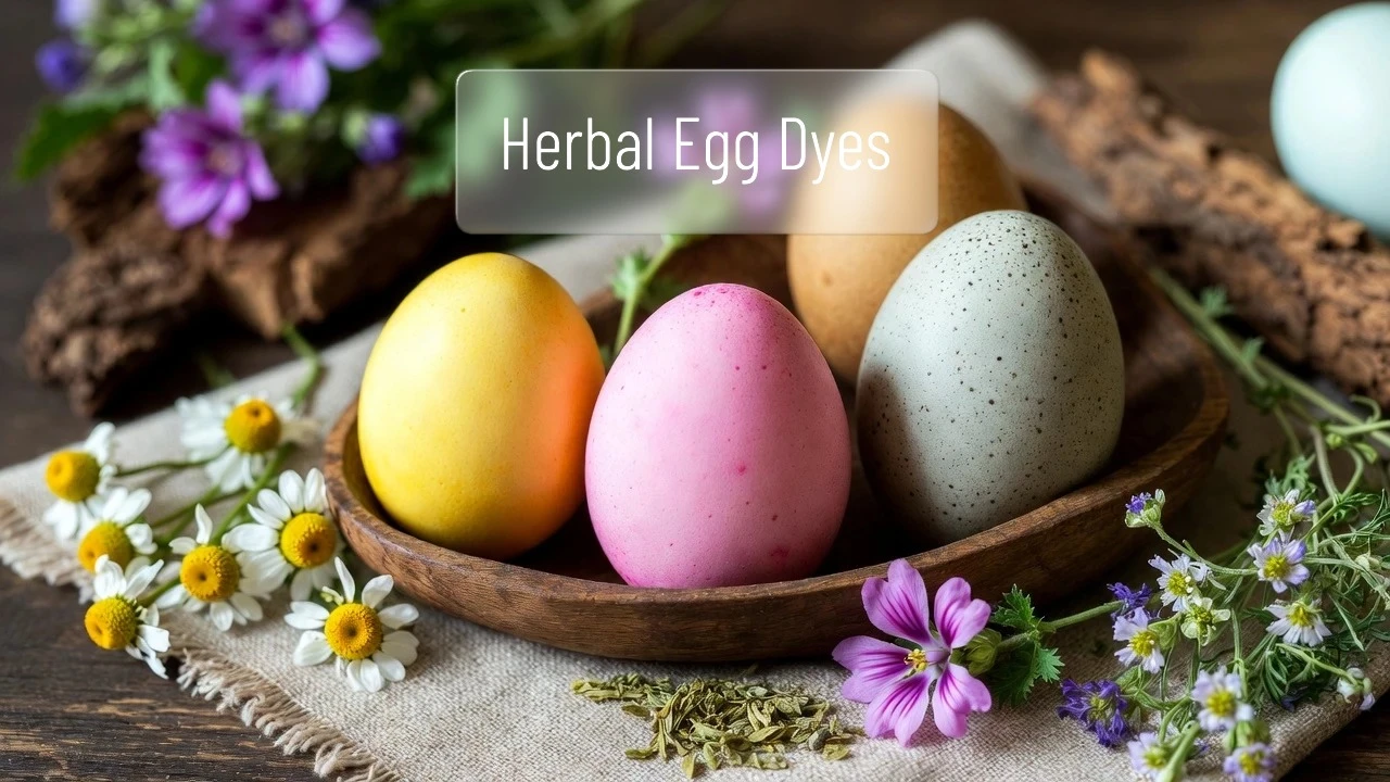 Create a high-resolution, realistic, spring-themed blog cover image about Herbal Egg Dyes. Show Easter eggs dyed in soft pastels and earthy tones using herbs like chamomile (yellow), hibiscus (pink/red), nettle leaf (green), barley grass (muted green), oak bark (brown), mallow flower (lavender/pink), and nigella sativa (speckled gray). Arrange the eggs in a rustic wooden basket or on a linen cloth, surrounded by fresh and dried herbs and flowers to highlight the natural ingredients. Use soft, natural lighting to create a warm, inviting atmosphere. Focus on eggs and herbal elements, making the image realistic, artistic, and Instagram-worthy. Do not include any text on the image.