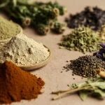 Herbal powders and whole dried herbs arranged side by side in a natural composition, representing Health Embassy daily rituals.