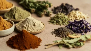 Herbal powders and whole dried herbs arranged side by side in a natural composition, representing Health Embassy daily rituals.