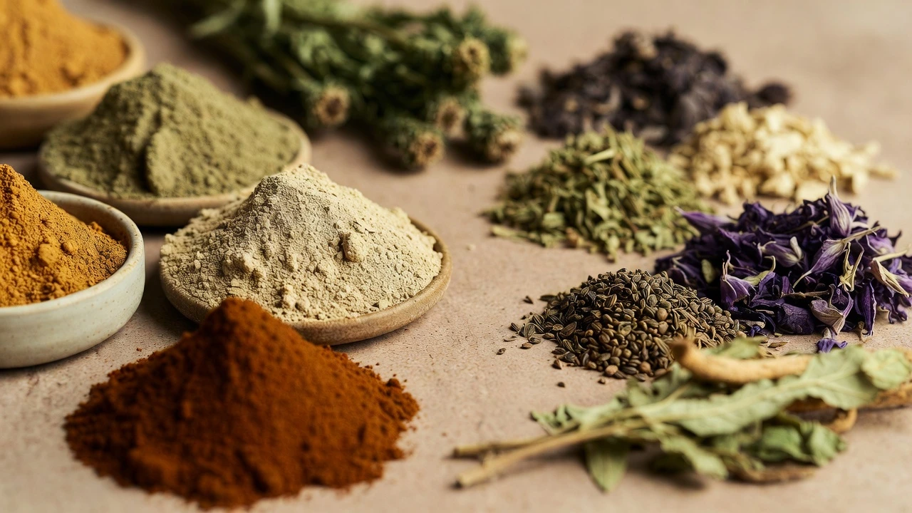 Herbal powders and whole dried herbs arranged side by side in a natural composition, representing Health Embassy daily rituals.
