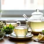 Glass teapot and cups with herbal teas for spring surrounded by dried nettle, peppermint, chamomile, lemon balm, and lemon verbena by Health Embassy.