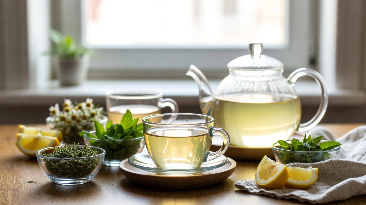 Glass teapot and cups with herbal teas for spring surrounded by dried nettle, peppermint, chamomile, lemon balm, and lemon verbena by Health Embassy.