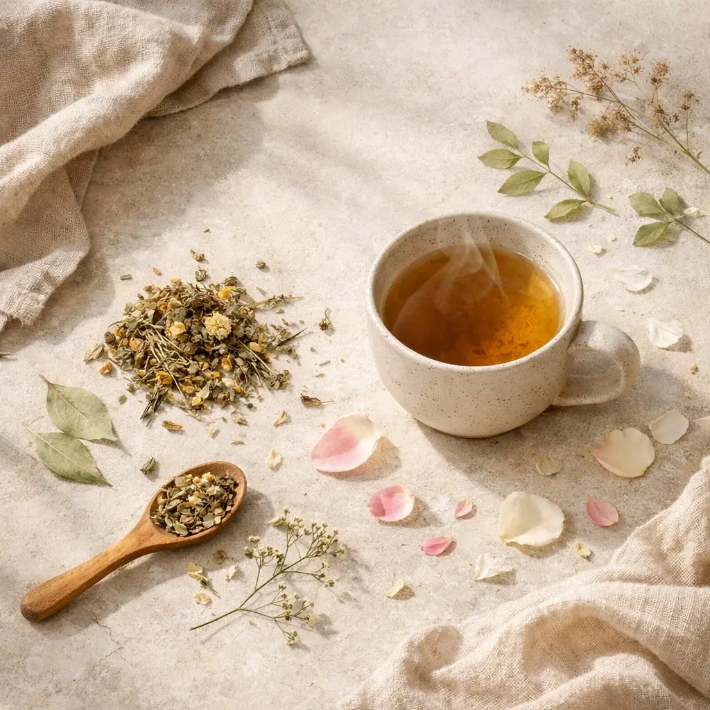 Minimal flat lay of dried herbs for herbal anti-aging, delicate leaves, scattered flower petals, and a ceramic cup of warm herbal infusion with gentle steam on linen and stone in soft natural light.