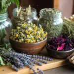 Fresh and dried herbs for hair care arranged naturally on a wooden surface, showcasing nettle, horsetail, chamomile, hibiscus, lavender, burdock, and marshmallow by Health Embassy.
