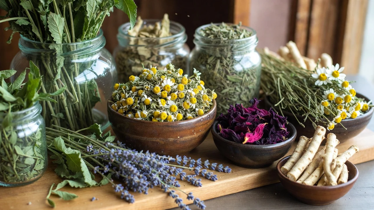 Fresh and dried herbs for hair care arranged naturally on a wooden surface, showcasing nettle, horsetail, chamomile, hibiscus, lavender, burdock, and marshmallow by Health Embassy.