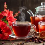 Beautiful hibiscus flowers and iced hibiscus tea on a rustic table, highlighting Health Embassy’s hibiscus tea benefits.