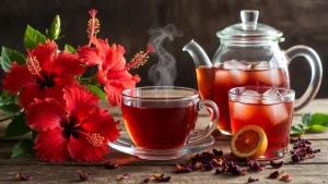 Beautiful hibiscus flowers and iced hibiscus tea on a rustic table, highlighting Health Embassy’s hibiscus tea benefits.