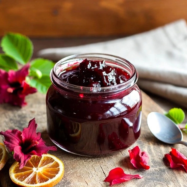 Jar of homemade hibiscus jam with loose hibiscus flowers and petals, showcasing Health Embassy’s hibiscus jam.