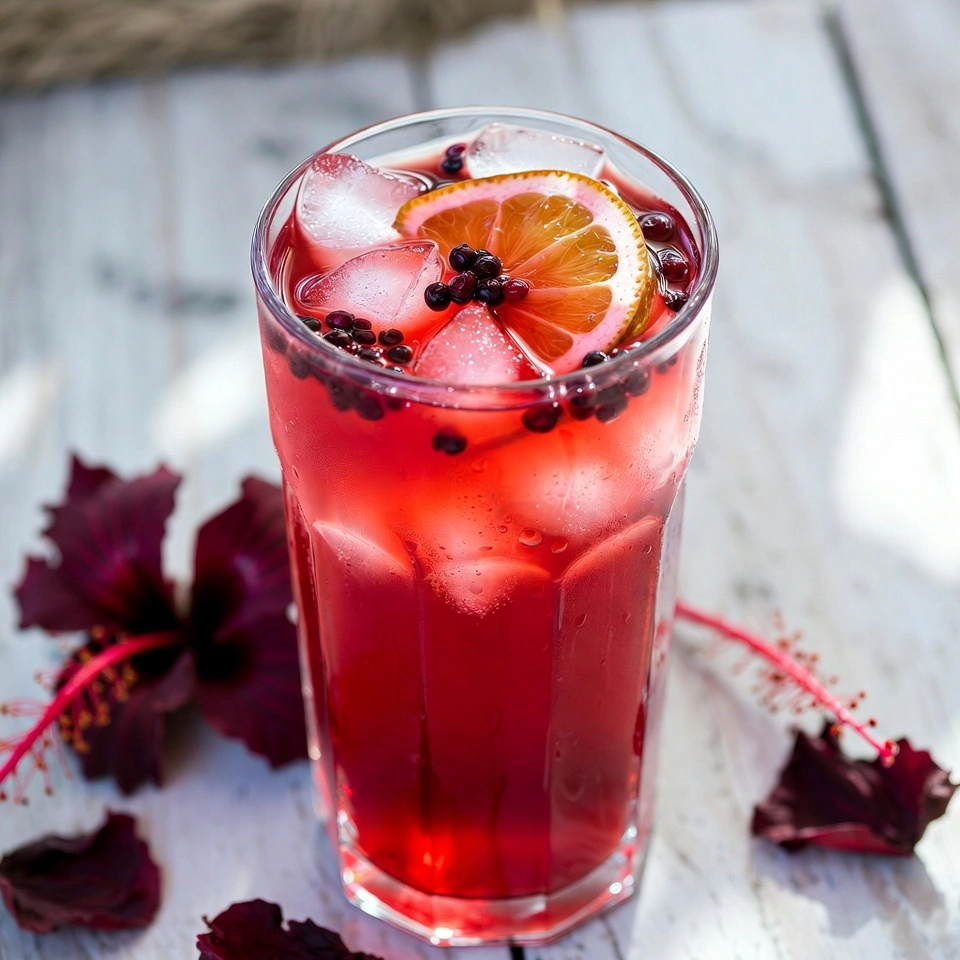 Glass of refreshing hibiscus mocktail with ice, citrus garnish, and hibiscus petals, highlighting Health Embassy’s hibiscus tea benefits.